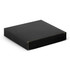 A black wireless charger with a sleek design, featuring a subtle logo on the surface.