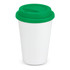 A double-wall coffee cup with a smooth white body and a green silicone lid.
