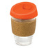 A drink bottle featuring a clear glass body, a cork band for grip, and an orange silicone lid.