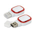 A white and red Zodiac 4GB flash drive with a retractable USB connector, featuring a logo on its surface.