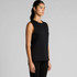 A black singlet tank top displayed on a model, featuring a simple design and clean lines. It has a branding logo.