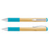 A bamboo twist pen featuring a turquoise grip and silver accents, with a metal clip for convenience.