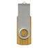 A bamboo and metal flash drive with a sleek design and a circular opening, featuring a branding logo.