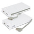 A white wireless charging power bank with a grey cable attached, featuring multiple charging ports and a logo.