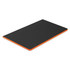 A black Camri Notebook with an orange trim, featuring a smooth surface and a simple logo.