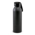 A drink bottle in matte black, featuring a top lid and an attached handle. It has a logo on the front.