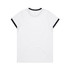 A white T-shirt with black ringer details around the collar and sleeves, featuring a logo.