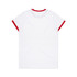 A white t-shirt with red trim around the neckline and sleeves. Features a logo on the back.