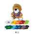 A plush lion toy with a furry mane, wearing a purple shirt, accompanied by various coloured small shirts.