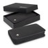 A black manicure set with a zip closure in a black presentation box. The set includes various grooming tools.