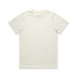 A plain, cream-coloured T-shirt with a round neck and short sleeves. It features a logo on the label.
