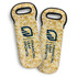 A drink bottle cooler bag in a woven tan pattern, featuring two handles and a logo.