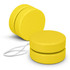 A yellow wooden yoyo with a white string, featuring a smooth finish and rounded edges. It has a logo on one side.