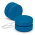 A blue wooden yoyo with a white string, featuring two circular halves joined together.