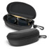 A pair of black Maverick sunglasses inside a black hard case, featuring a logo on the case's exterior.