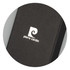 A black key ring featuring a sleek design and a logo. The surface has a textured finish.