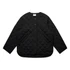 A black quilted jacket featuring a button-up front and side pockets, with a rounded hemline.