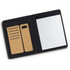 A black portfolio with cork detailing, featuring a notepad and two slots for cards or notes.