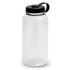 A drink bottle made of clear plastic with a black screw-on lid and a handle. It has a simple design.