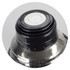 A drink bottle with a black and silver design, featuring a round cap and a glossy finish, with a logo on it.
