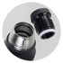 A drink bottle in matte black with a stainless steel top and a removable black cap. It has a logo on the body.