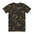 A camouflage-patterned T-shirt in various shades of green and brown. It features a logo on the back.
