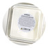 An ambient scented candle in a clear container, featuring a warning label and a white wax interior.