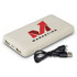 A light beige power bank with dual USB ports and a charging cable. It features a logo on one side.