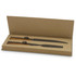 A wooden keepsake carving set in a brown gift box with two knives and protective sheaths.