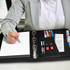 A black portfolio featuring a smooth finish, designed for professional use. It has a branding logo on the front.