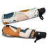 A compact umbrella featuring a vibrant pattern in shades of orange, teal, and cream, with a black handle and logo.