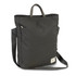 A dark green crossbody bag with a top handle, an adjustable strap, and a front pocket. It features a logo.