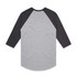 A grey and black raglan tee with three-quarter sleeves, featuring a logo on the back side.