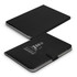 A black portfolio with a lighthouse design, featuring a secure strap closure and a sleek finish.