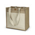 A tote bag in beige and brown, featuring sturdy handles and a button closure, with a logo on the front.