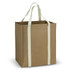 Kraft tote bag in brown with light green handles, featuring a simple design and no visible branding.