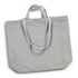 A grey tote bag with two handles, featuring a simple design and a logo.