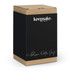 A drink bottle in a sleek black and natural cardboard packaging, featuring a logo on the front.