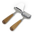 A slicer and grater set with stainless steel blades and wooden handles in a natural finish.