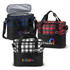 Three insulated cooler bags in black and various check patterns: blue, red, and black with white checks, each with a logo.