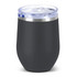 A drink bottle featuring a matte black ceramic body and a clear plastic lid with a straw opening. It has a logo.