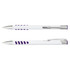 A metal pen with a white barrel and purple accents, featuring a silver clip and a simple logo.
