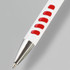 A metal pen with a white barrel and red grip accents, featuring a shiny silver tip.