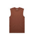 A brown sleeveless tank top with a round neckline and a tag label, featuring a simple design.
