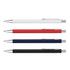 A set of four metal pens in white, red, navy blue, and black, each featuring a silver clip and detailing.