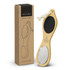 A NATURA pedicure tool made of bamboo, featuring a textured surface and a rope loop, displayed with its packaging.