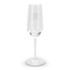 A clear champagne flute featuring a tall stem and a branded logo, perfectly suited for celebrations.