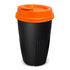 A drink bottle with a black body and an orange lid, featuring a ribbed design and a logo.