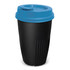 A drink bottle with a black body and a blue lid, featuring a textured design and a logo.