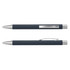 A metal pen in navy blue with silver accents and a clip, featuring a sleek design.